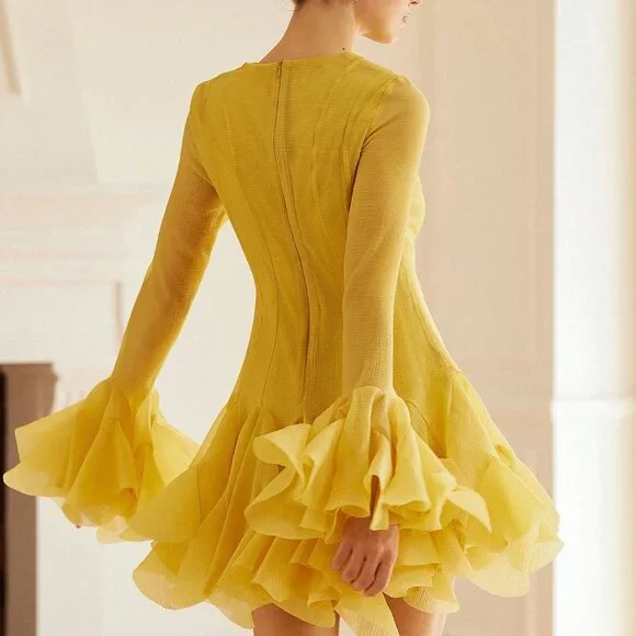 Yellow Elegant Women's French Luxury Flounced Short Dress - Picture 2 of 7